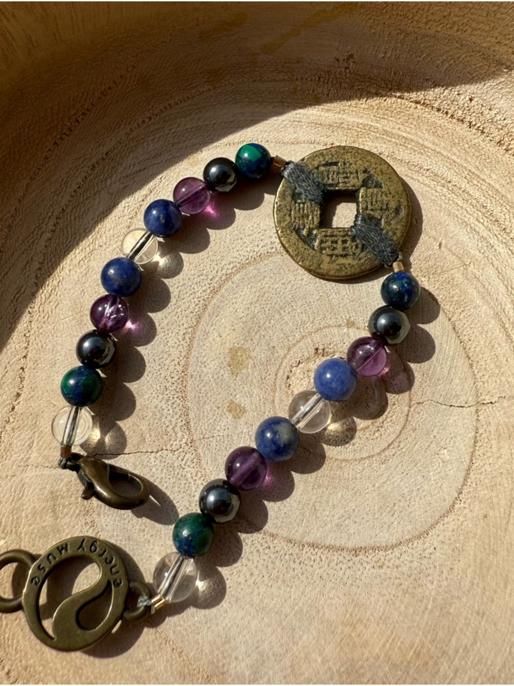 Beaded Multicolor Gemstone Bracelet with Antique Coin